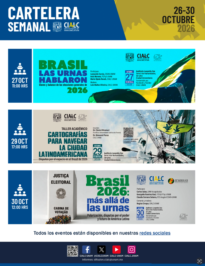 Cartelera de actividades del CIALC correspondiente la semana del 26 al 30 de octubre.